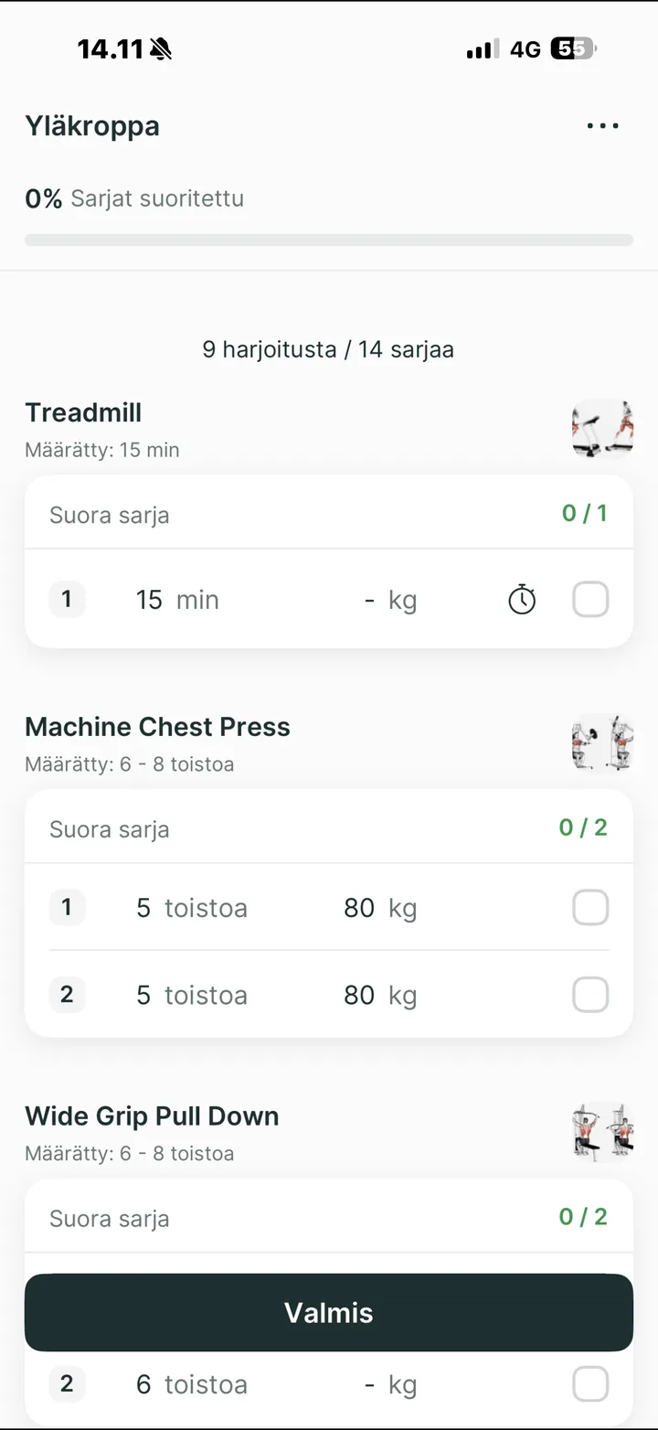 Lean Gains -sovellus: treenin suoritus